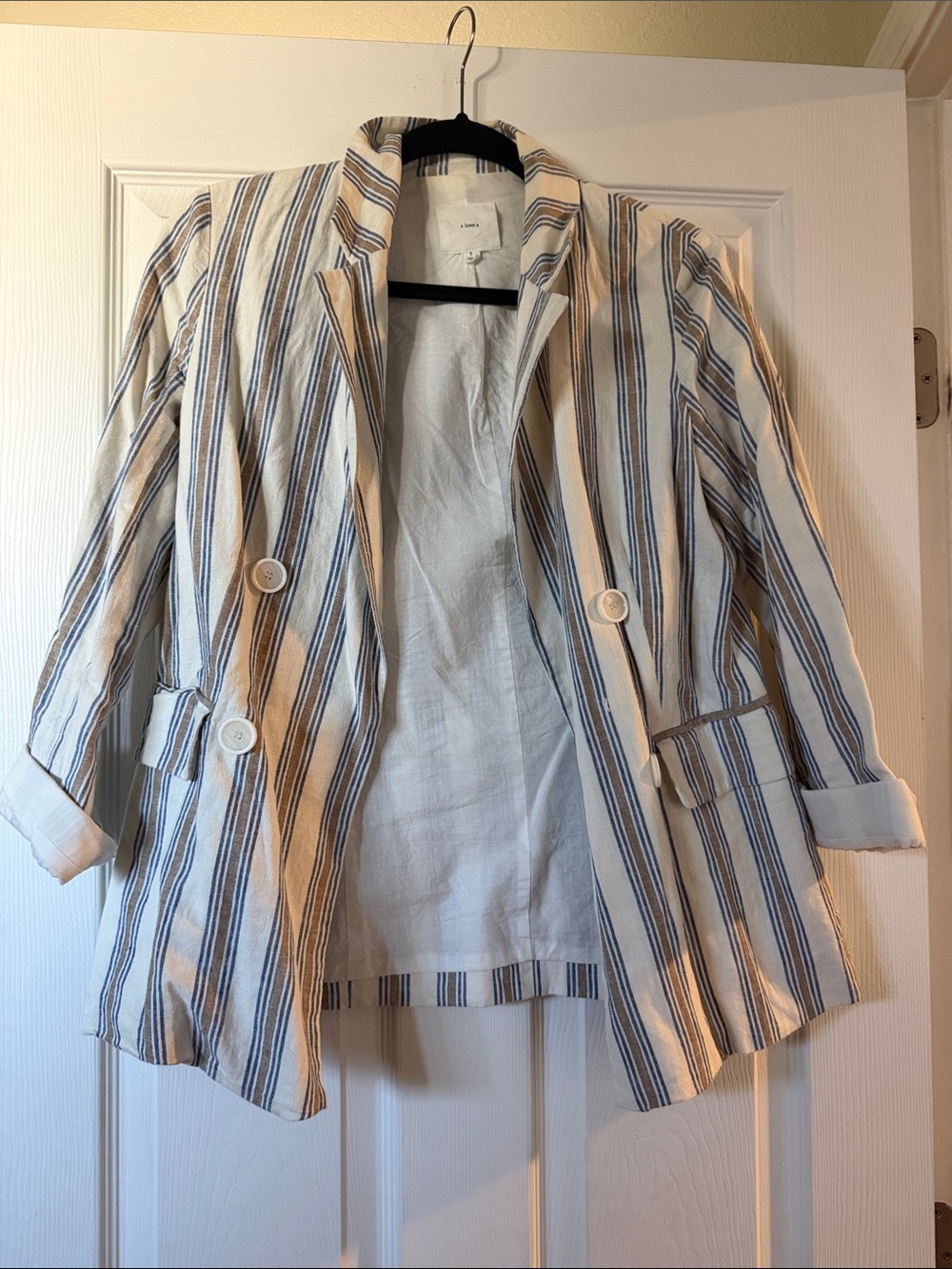Striped Cream & Blue Linen-Blend Double-Button Blazer